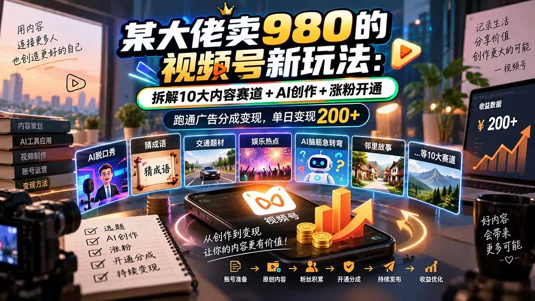 某大佬卖980的视频号新玩法：拆解10大内容赛道+AI创作+涨粉开通，跑通广告分成变现，单日变现200+祝你网--专注互联网创业.信息差副业研究拒绝割韭菜祝你网