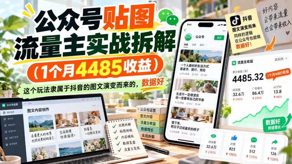 公众号贴图流量主实战拆解(1个月4485收益),这个玩法隶属于抖音的图文演变而来的,数据好祝你网--专注互联网创业.信息差副业研究拒绝割韭菜祝你网