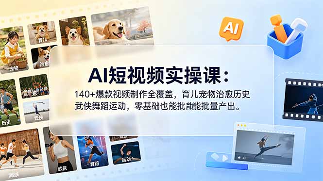 AI短视频实操课:140+爆款视频制作全覆盖,育儿宠物治愈历史武侠舞蹈运动,零基础也能批量产出祝你网--专注互联网创业.信息差副业研究拒绝割韭菜祝你网