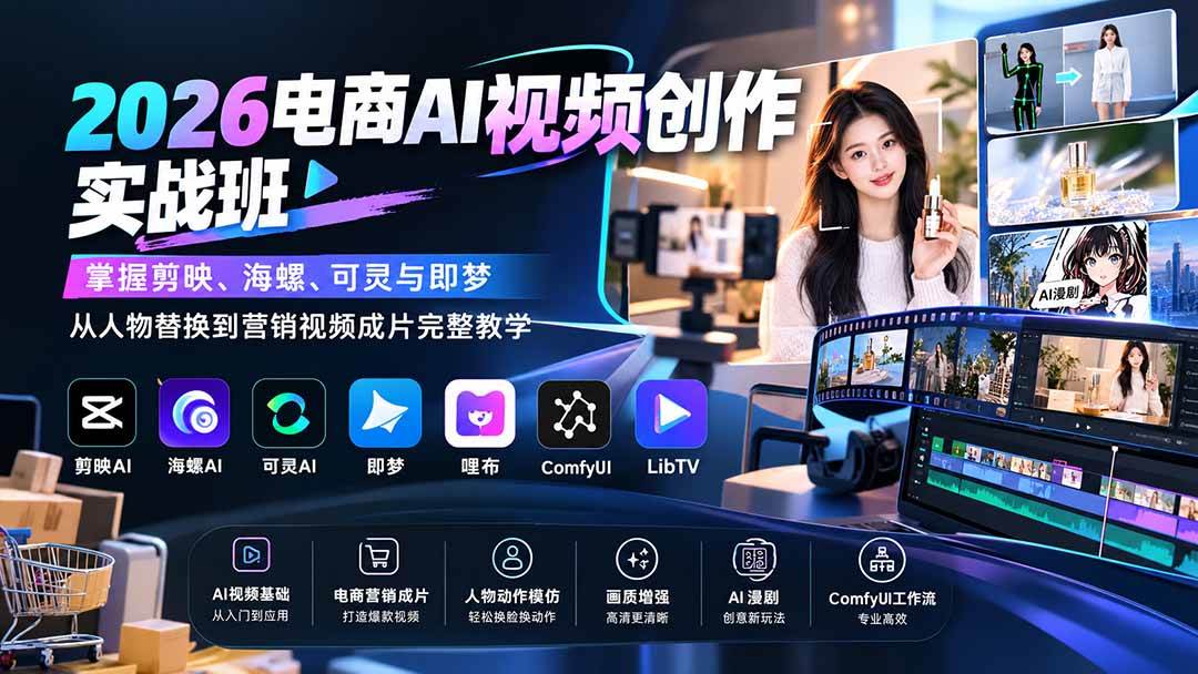 7f724618ab5edca9b6c287f5e5bd4981.jpeg (20466期)2026电商AI视频创作实战班:掌握剪映、海螺、可灵与即梦,从人物替换到营销视频成片完整教学