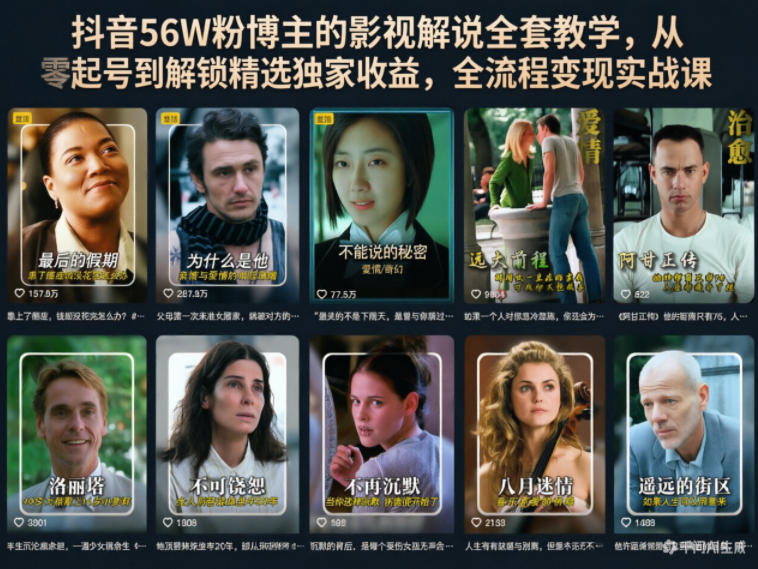 抖音56W粉博主的影视解说全套教学，从零起号到解锁精选独家收益，全流程变现实战课祝你网--专注互联网创业.信息差副业研究拒绝割韭菜祝你网