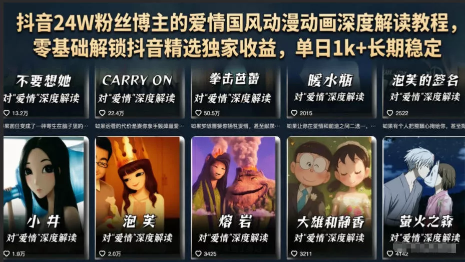 8074490ade6f1a79eaca5a056609a2a4.webp 抖音24W粉丝博主的爱情国风动漫动画深度解读教程,零基础解锁抖音精选独家收益,单日1k+长期稳定