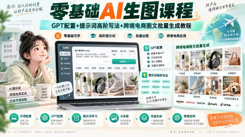 零基础AI生图课程，GPT配置+提示词高阶写法+跨境电商图文批量生成教程祝你网--专注互联网创业.信息差副业研究拒绝割韭菜祝你网