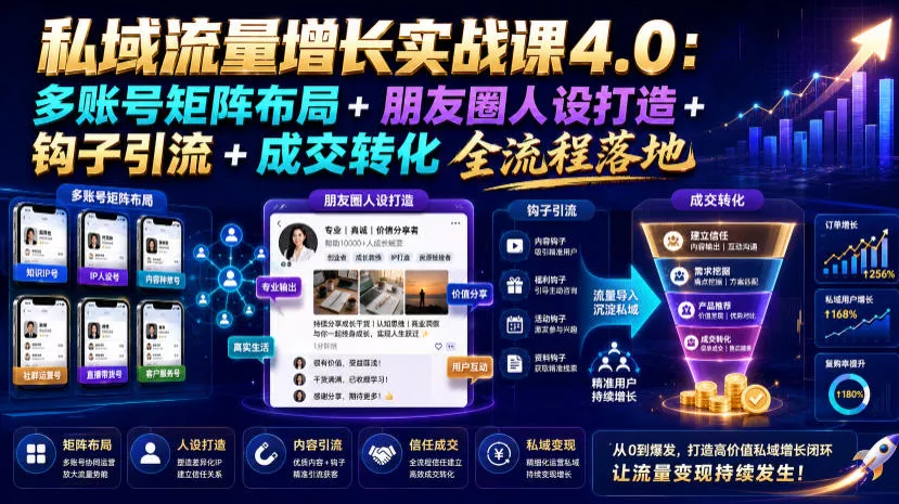 私域流量增长实战课4.0:多账号矩阵布局+朋友圈人设打造+钩子引流+成交转化全流程落地祝你网--专注互联网创业.信息差副业研究拒绝割韭菜祝你网