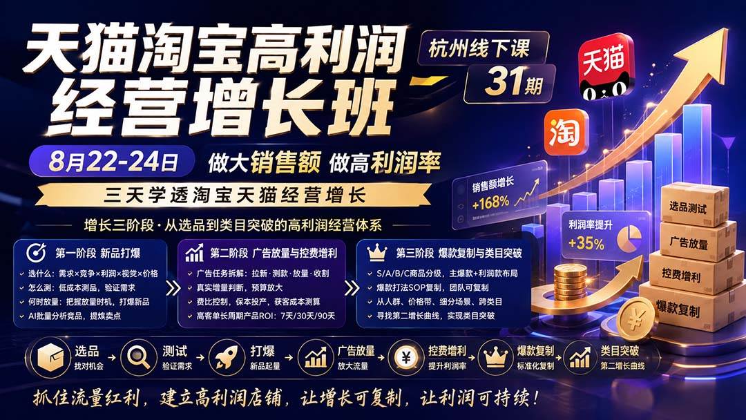 （20148期）天猫淘宝高利润经营增长班杭州线下课31期8月22-24日，做大销售额做高利润率，三天学透淘宝天猫经营增长祝你网--专注互联网创业.信息差副业研究拒绝割韭菜祝你网