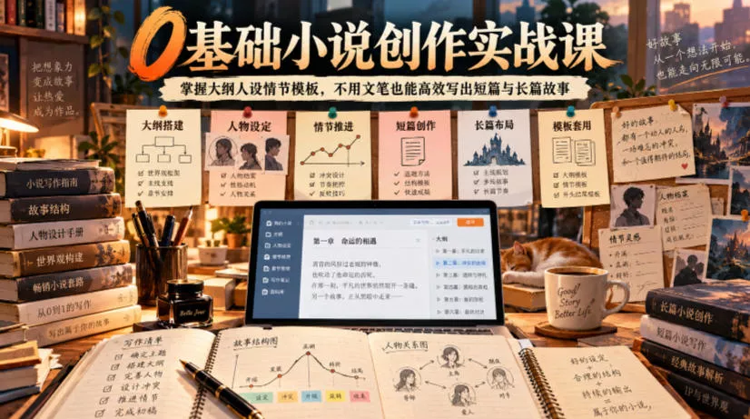 81b6bcece82753fbb6334cf74078565a.webp 0基础小说创作实战课|掌握大纲人设情节模板,不用文笔也能高效写出短篇与长篇故事