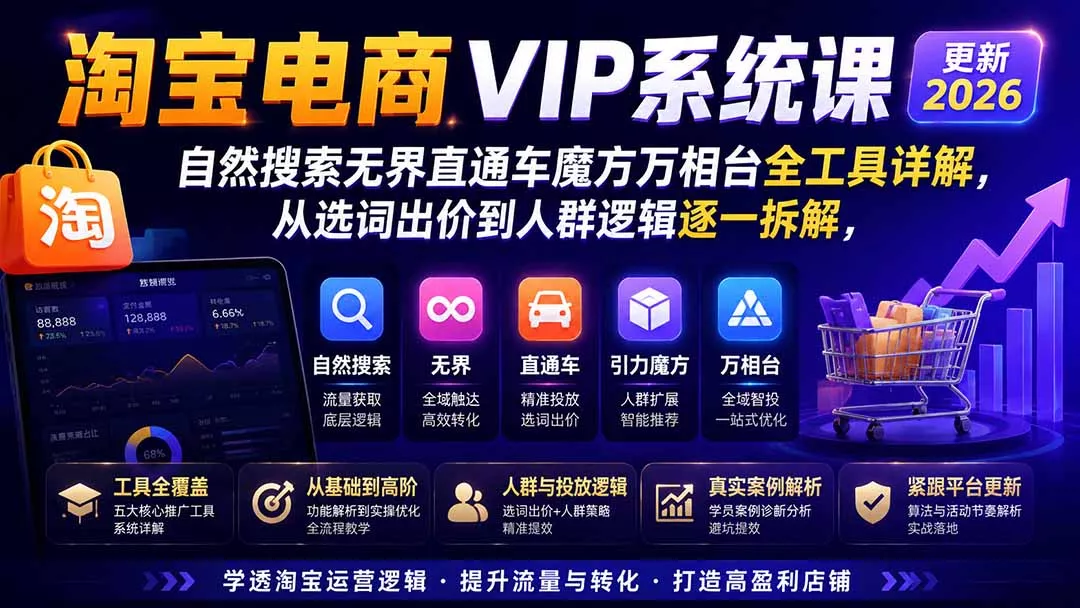 81f5420b0b81498a5eb3aafb9d2e69cc.webp 2026淘宝电商终局之战VIP课-更新:自然搜索+直通车+无界+精准人群,系统掌握测款动销与全店推广布局方法