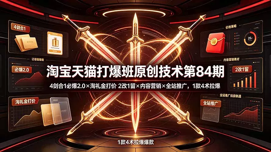 淘宝天猫打爆班原创技术第84期:4剑合1必爆2.0×淘礼金打价×2改1留×内容营销×全站推广,1款4术拉爆祝你网--专注互联网创业.信息差副业研究拒绝割韭菜祝你网