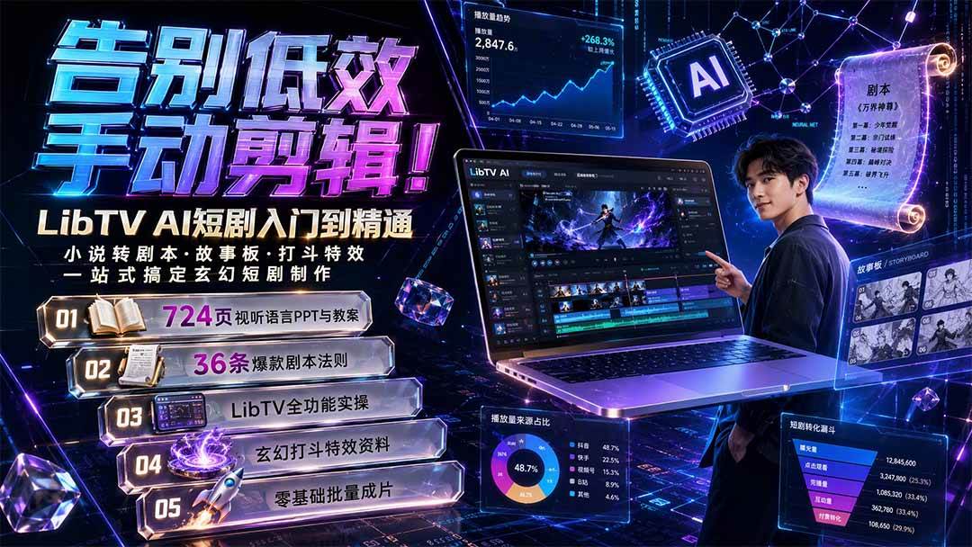 8335c9cfcf544daa452c45af0672d309.jpeg (19678期)告别低效手动剪辑!LibTV AI短剧入门到精通,小说转剧本方法,故事板打斗特效一站式搞定玄幻短剧制作