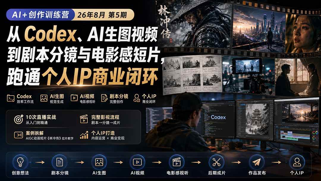 83731088869bafd6320a657df236ca70.jpeg (20145期)AI+创作训练营26年8月第5期:从Codex、AI生图视频到剧本分镜与电影感短片,跑通个人IP商业闭环