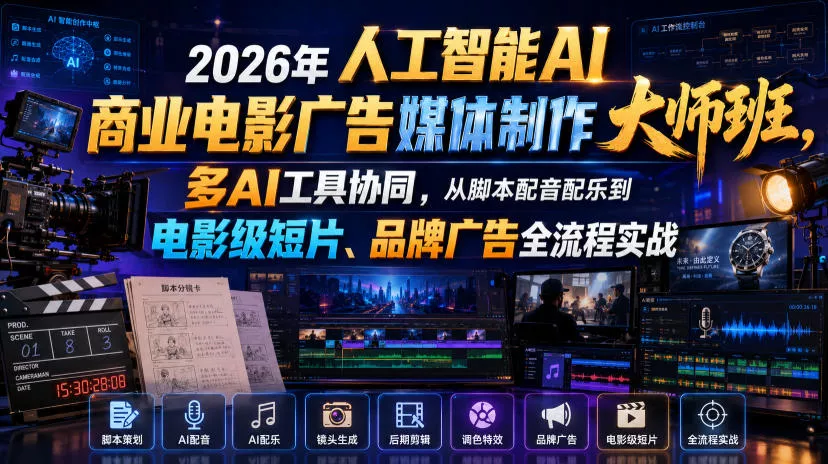 2026年人工智能AI商业电影广告媒体制作大师班,多AI工具协同,从脚本配音配乐到电影级短片、品牌广告全流程实战(中英字幕)祝你网--专注互联网创业.信息差副业研究拒绝割韭菜祝你网