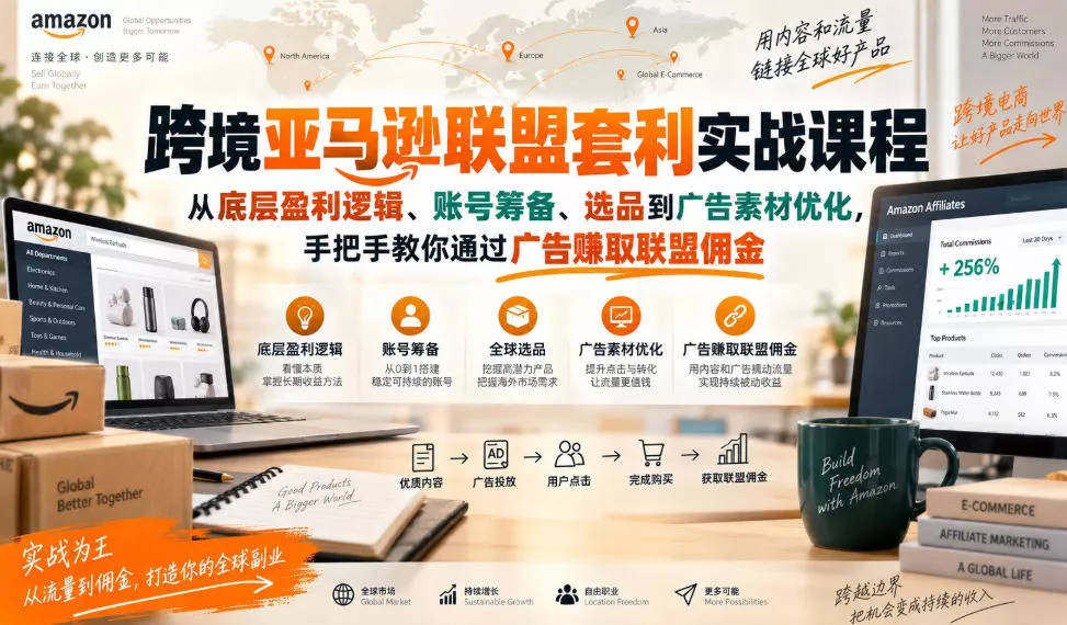 跨境亚马逊联盟套利实战课程,从底层盈利逻辑、账号筹备、选品到广告素材优化,手把手教你通过广告賺取联盟佣金祝你网--专注互联网创业.信息差副业研究拒绝割韭菜祝你网