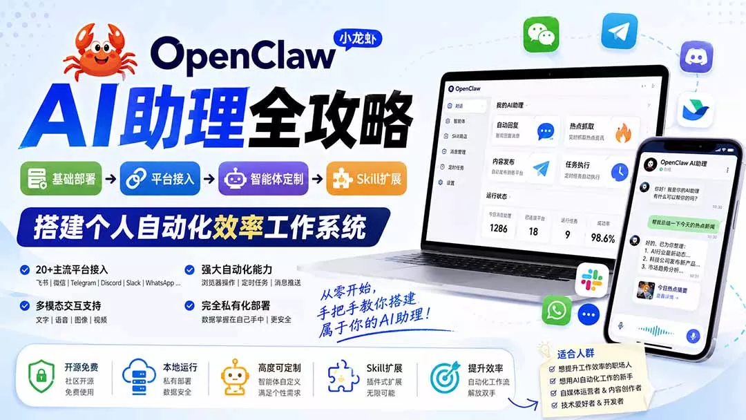 8549490ee25a673dbb83e17d384064a5.webp OpenClaw小龙虾 AI助理全攻略:基础部署→平台接入→智能体定制→Skill扩展,搭建个人自动化效率工作系统