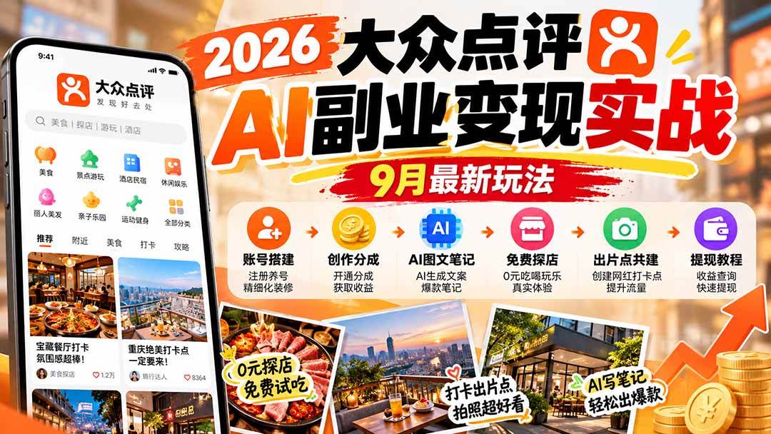 8599fd6d3ffcb0fad45fbf4d202d4e81.jpeg (20873期)2026大众点评AI副业变现实战9月最新玩法:账号搭建+创作分成+AI图文笔记+免费探店+出片点共建与提现教程
