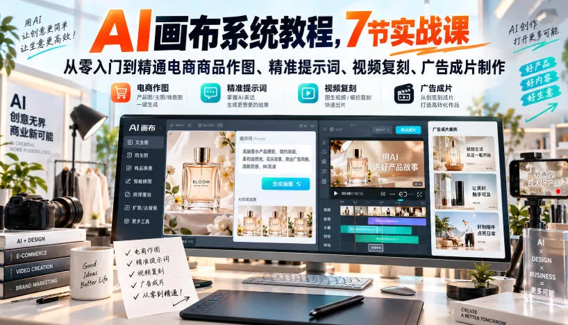 AI画布系统教程,7节实战课从零入门到精通电商商品作图、精准提示词、视频复刻、广告成片制作祝你网--专注互联网创业.信息差副业研究拒绝割韭菜祝你网