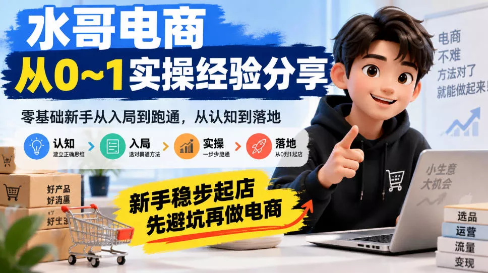 水哥电商从0~1实操经验分享,零基础新手从入局到跑通,从认知到落地,新手稳步起店,先避坑再做电商祝你网--专注互联网创业.信息差副业研究拒绝割韭菜祝你网