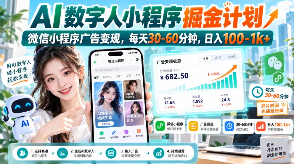 85e397c9978d0e3ccbf7f7b9a042ea71.webp 【无水印】AI数字人小程序掘金计划,微信小程序广告变现,每天30‑60分钟,日入100‑1k+