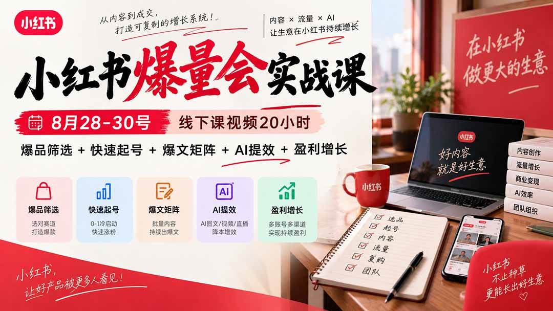 85e8a45a8ff3185be7f72bf3b475c255.jpeg (20359期)小红书爆量会实战课:8月28-30号线下课视频20小时,爆品筛选+快速起号+爆文矩阵+AI提效+盈利增长