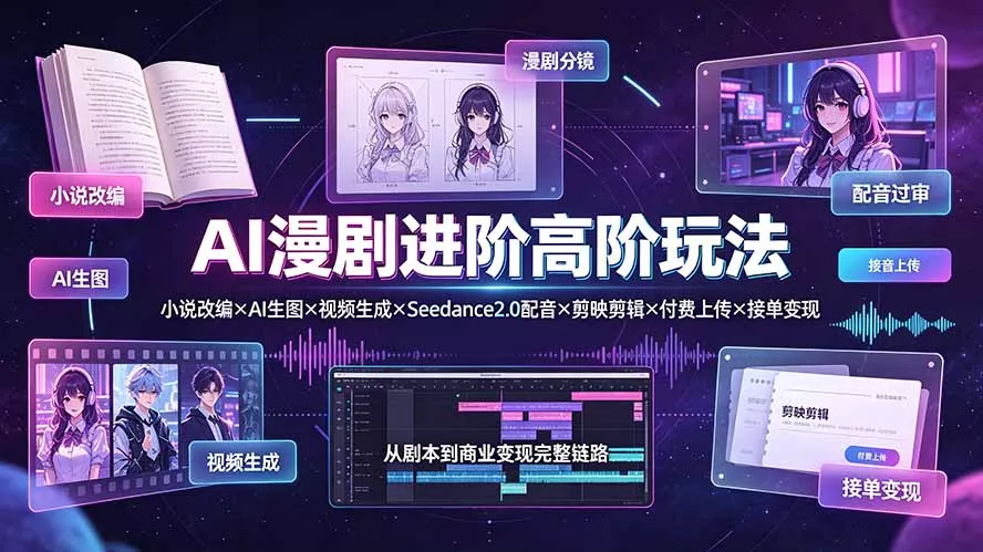 AI漫剧进阶高阶玩法:小说改编×AI生图×视频生成×Seedance2.0配音×剪映剪辑×付费上传×接单变现祝你网--专注互联网创业.信息差副业研究拒绝割韭菜祝你网