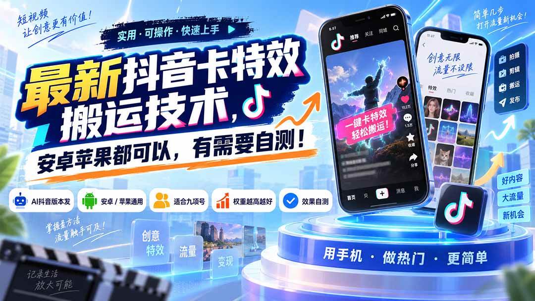 （20606期）最新抖音卡特效搬运技术，安卓苹果都可以，有需要自测！祝你网--专注互联网创业.信息差副业研究拒绝割韭菜祝你网