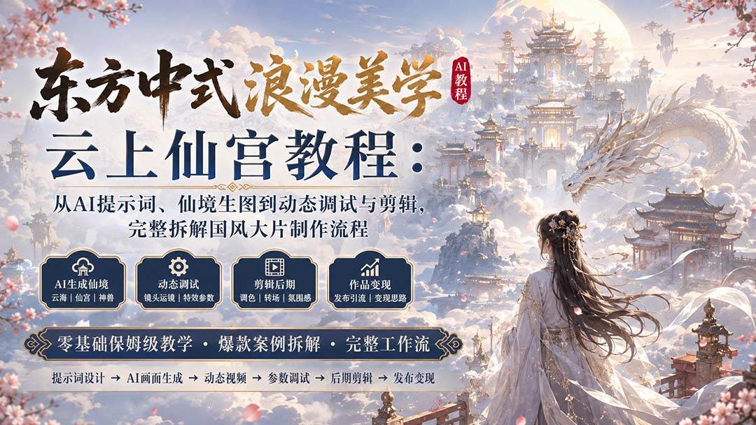 868dfd6ed7260ce123f3baaaadbb1f16.jpeg (20147期)东方中式浪漫美学云上仙宫教程:从AI提示词、仙境生图到动态调试与剪辑,完整拆解国风大片制作流程