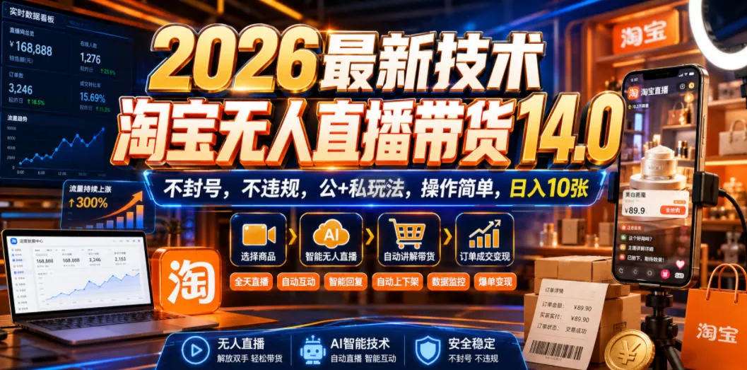 86b6688f5df8c34e2c1e9e2776a3f82a.webp 2026最新技术,淘宝无人直播带货14.0,不封号,不违规,公+私玩法,操作简单,日入10张【揭秘】