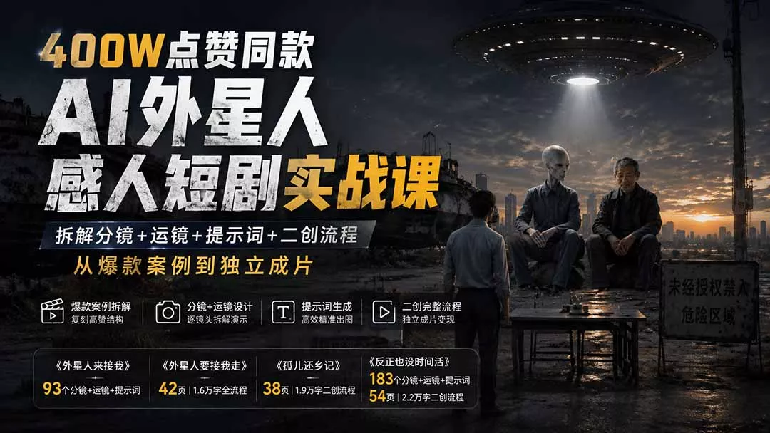 400W点赞同款AI外星人感人短剧实战课：拆解分镜+运镜+提示词+二创流程，从爆款案例到独立成片祝你网--专注互联网创业.信息差副业研究拒绝割韭菜祝你网