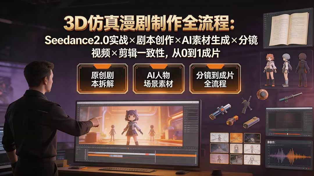 872718151a1894a050ea710b8061887b.webp 3D仿真漫剧制作全流程:Seedance2.0实战×剧本创作×AI素材生成×分镜视频×剪辑一致性,从0到1成片