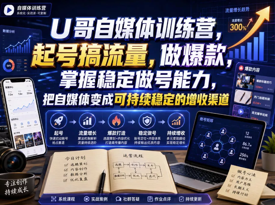 872fa9507b4241d8e2f886d53304e250.webp U哥自媒体训练营,起号搞流量,做爆款,掌握稳定做号能力,把自媒体变成可持续稳定的增收渠道