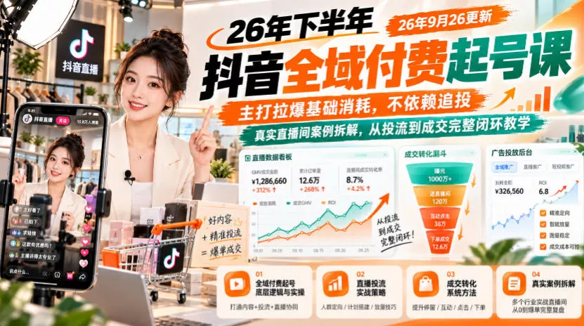 8770176f9e1dba24111d0b4a115478d6.webp 26年下半年抖音全域付费起号课26年9月26更新,主打拉爆基础消耗,不依赖追投,真实直播间案例拆解,从投流到成交完整闭环教学