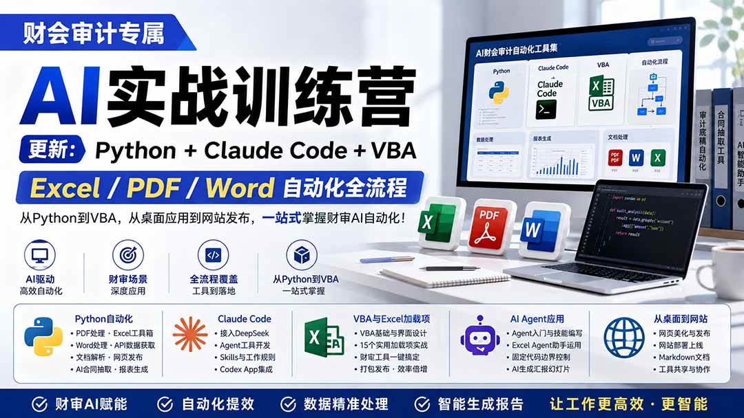 (19887期)财会审计专属 AI实战训练营:Python+Claude Code+VBA,Excel/PDF/Word自动化全流程 (更新)祝你网--专注互联网创业.信息差副业研究拒绝割韭菜祝你网