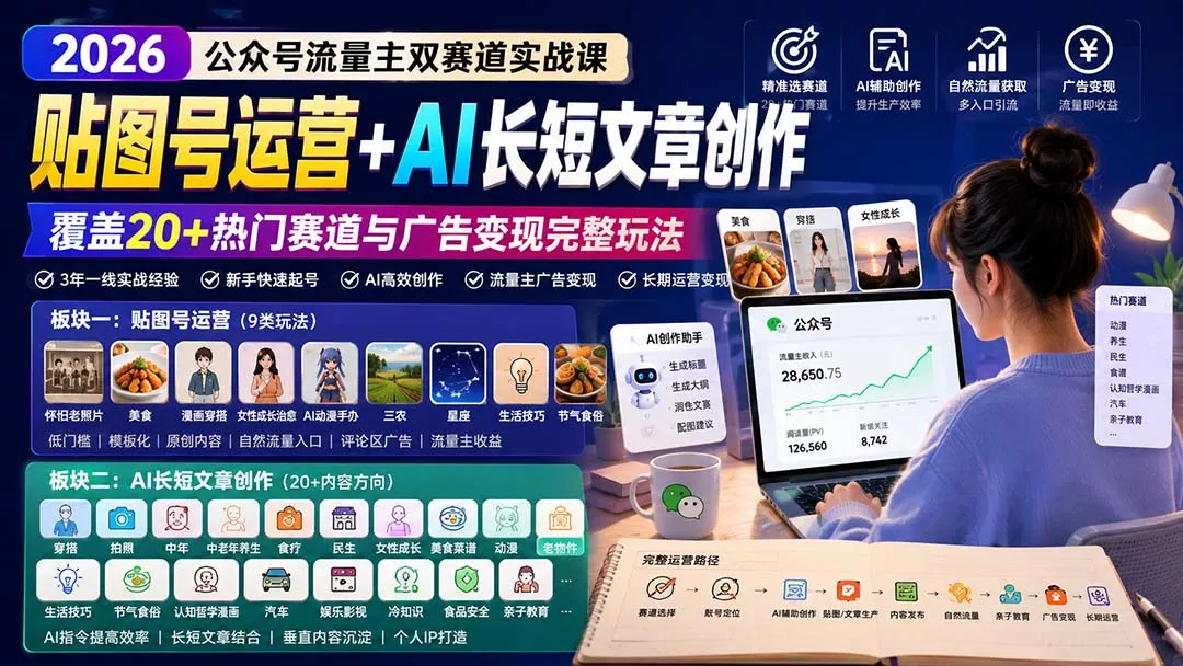 公众号流量主双赛道实战课:贴图号运营+AI长短文章创作,覆盖20+热门赛道与广告变现完整玩法祝你网--专注互联网创业.信息差副业研究拒绝割韭菜祝你网