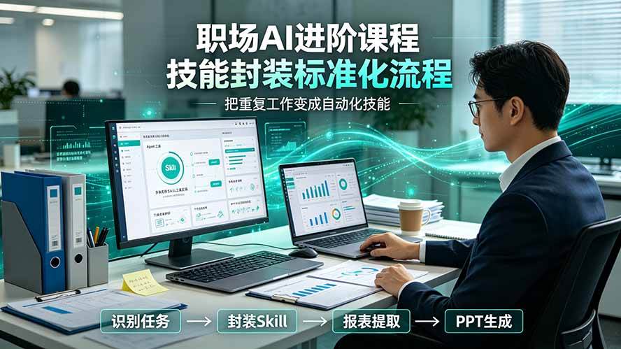 8807fb58da6b4f761686545d031204ce.jpeg (19369期)职场AI进阶课程;多类实用Skill工具实操,专属技能封装标准化流程,报表行业报告一键提取核心内容