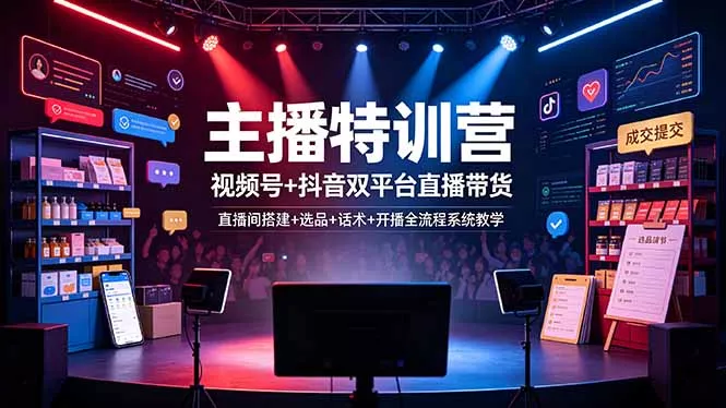 887ada750f1543dbcef7f86421de3765.webp 主播特训营:视频号+抖音双平台直播带货,直播间搭建+选品+话术+开播全流程系统教学