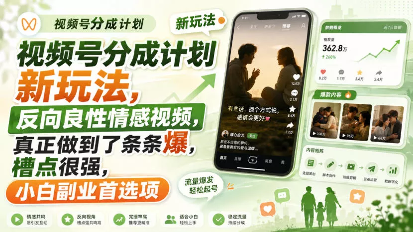 视频号分成计划新玩法,反向良性情感视频,真正做到了条条爆,槽点很强,小白副业首选项祝你网--专注互联网创业.信息差副业研究拒绝割韭菜祝你网