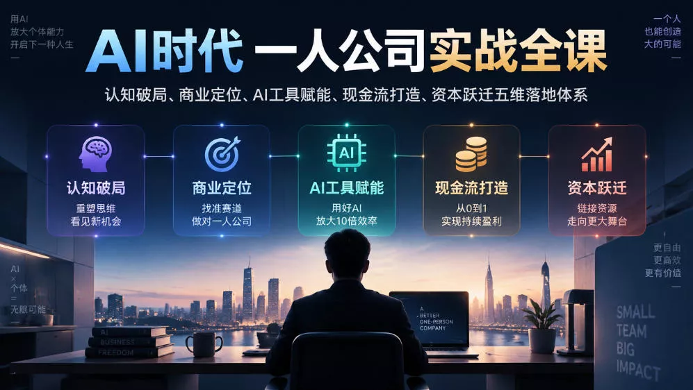 AI时代一人公司实战全课｜认知破局、商业定位、AI工具赋能、现金流打造、资本跃迁五维落地体系祝你网--专注互联网创业.信息差副业研究拒绝割韭菜祝你网