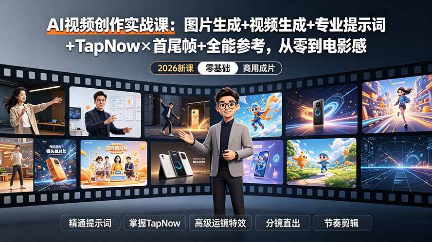 8a16adce6f1c8ec09a2e4f67b507ad18.jpeg (19383期)AI视频创作实战课:图片生成+视频生成+专业提示词+TapNow×首尾帧+全能参考,从零到电影感成片