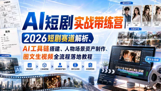 AI短剧实战带练营|2026短剧赛道解析、AI工具链搭建、人物场景资产制作、图文生视频全流程落地教程祝你网--专注互联网创业.信息差副业研究拒绝割韭菜祝你网