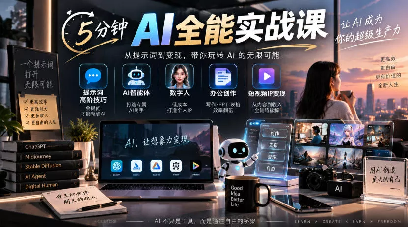 5分钟AI全能实战课|提示词高阶技巧+AI智能体+数字人+办公创作+短视频IP变现全教程祝你网--专注互联网创业.信息差副业研究拒绝割韭菜祝你网