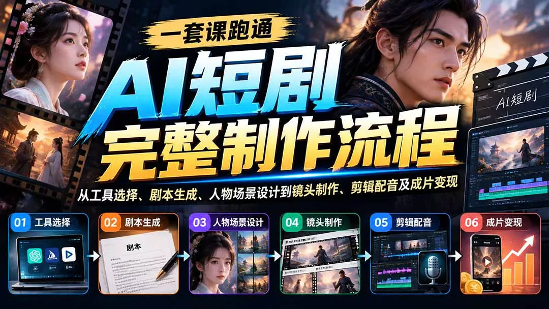8acb0693c057bb062c15820ba1f4ad6f.webp 一套课跑通AI短剧完整制作流程:从工具选择、剧本生成、人物场景设计到镜头制作、剪辑配音及成片变现