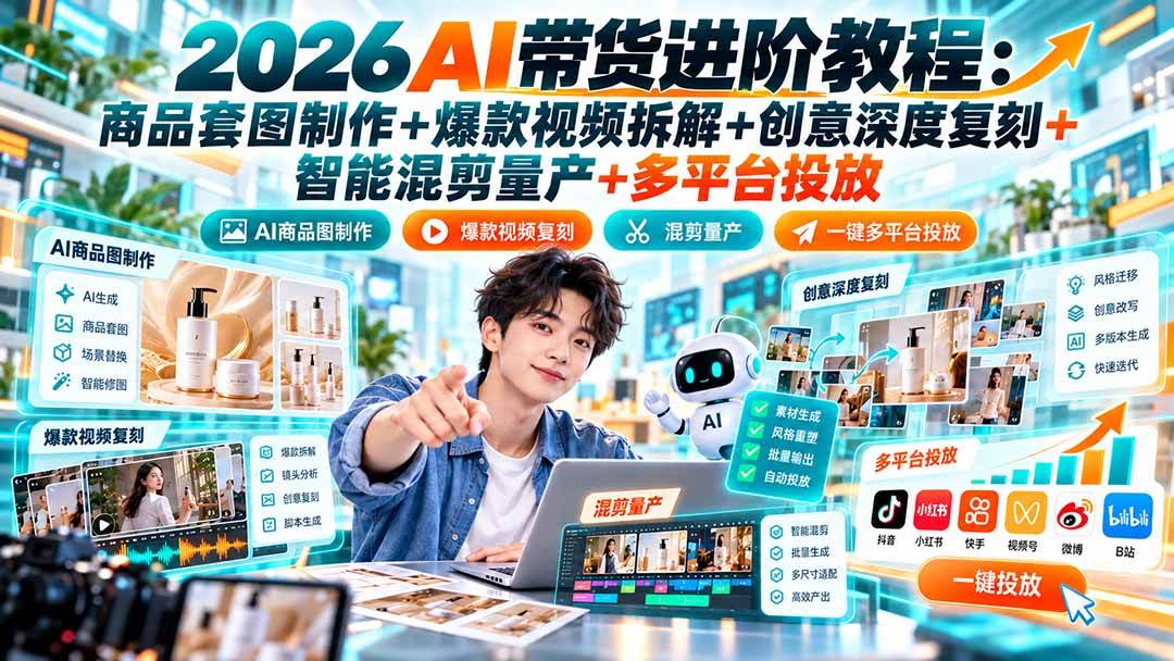 （20857期）2026AI带货进阶教程：商品套图制作+爆款视频拆解+创意深度复刻+智能混剪量产+多平台投放祝你网--专注互联网创业.信息差副业研究拒绝割韭菜祝你网