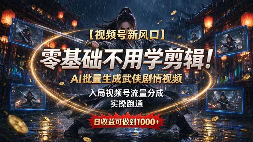 8bc8969d47773b7b2a3fab8688af8a81.webp 【视频号新风口】零基础不用学剪辑!AI 批量生成武侠剧情视频,入局视频号流量分成,实操跑通,日收益可做到 1000+