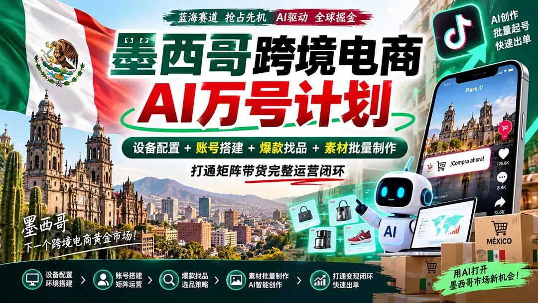 8cc060248dfb0cca51785bc75ea59bdb.webp 墨西哥AI跨境电商万号计划|设备配置+账号搭建+爆款找品+素材批量制作,打通矩阵带货完整运营闭环
