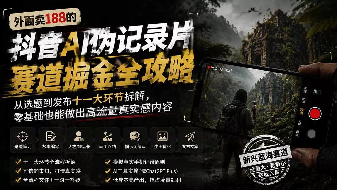 外面卖188的抖音AI伪记录片赛道掘金全攻略；从选题到发布十一大环节拆解，零基础也能做出高流量真实感内容祝你网--专注互联网创业.信息差副业研究拒绝割韭菜祝你网