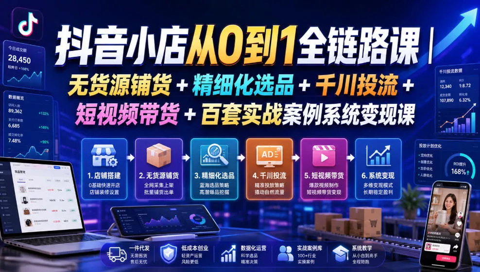 8d50abd03cc6d1966cc486699d366e59.webp 抖音小店从0到1全链路课|无货源铺货+精细化选品+千川投流+短视频带货+百套实战案例系统变现课(2026年7月更新)