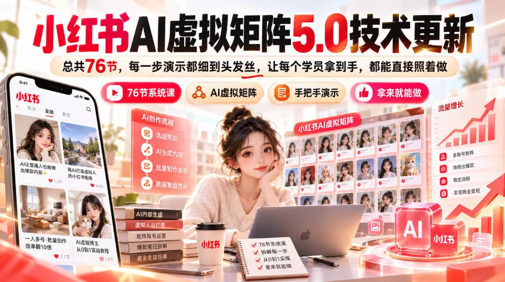 小红书AI虚拟矩阵5.0技术更新,总共76节,每一步演示都细到头发丝,让每个学员拿到手,都能直接照着做祝你网--专注互联网创业.信息差副业研究拒绝割韭菜祝你网