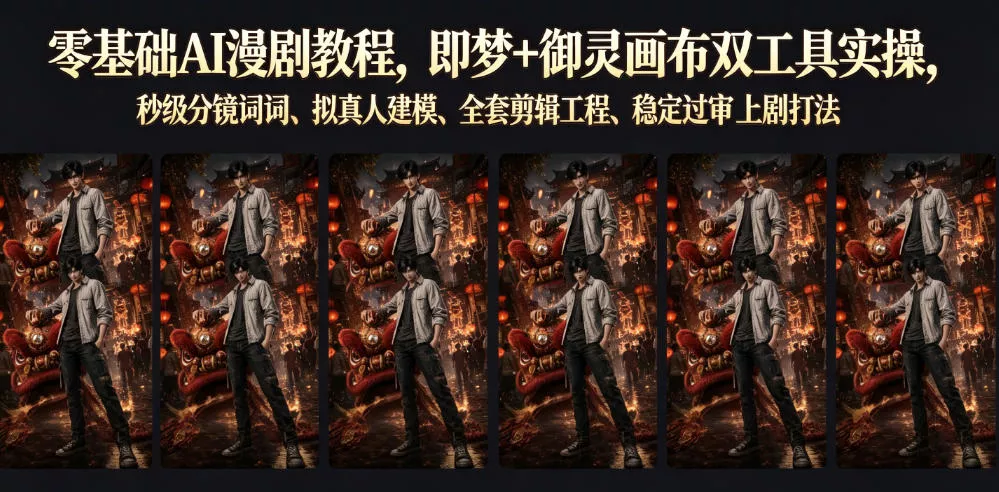 8e513cf470aaef6fd22c335bfe1035ee.webp 零基础AI漫剧教程,即梦+御灵画布双工具实操,秒级分镜提示词、拟真人建模、全套剪辑工程、稳定过审上剧打法