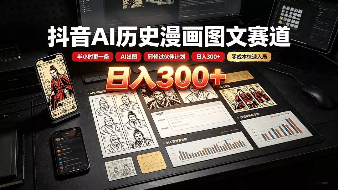 8e945d0b9c4791457c5610864b66cfc3.webp 抖音AI历史漫画图文赛道:半小时更一条×AI出图×邪修过伙伴计划×日入300+,零成本快速入局
