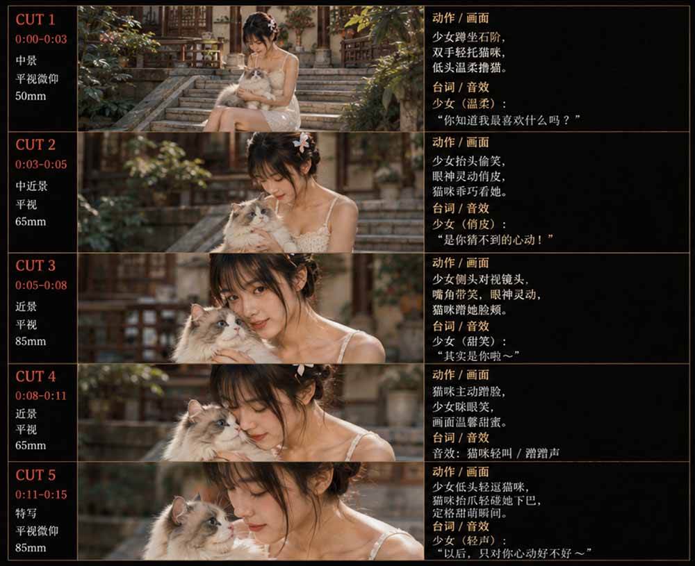 8f4ff0655fc7bd1ba7886071f7a15865.jpeg (18909期)美女和猫故事提示词,人物一致性提示词+故事板