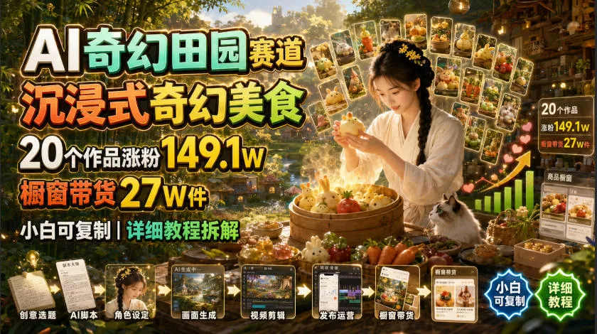 AI奇幻田园赛道,沉浸式奇幻美食,20个作品涨粉149.1W,橱窗带货27W件,小白可复制,详细教程拆解祝你网--专注互联网创业.信息差副业研究拒绝割韭菜祝你网